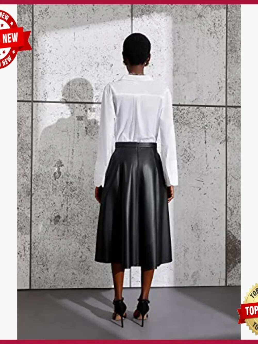 High Waisted Genuine Leather Pleated Skater Midi Skirt